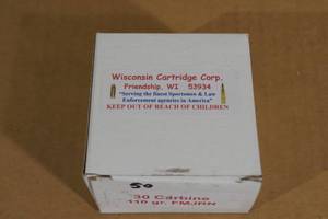 50 Wisconsin Cartridge .30 Carbine 110 Gr FMJ RN Ammo