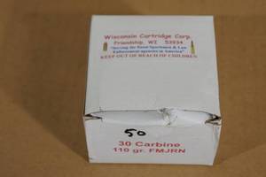 50 Wisconsin Cartridge .30 Carbine 110 Gr FMJ RN Ammo