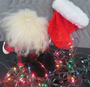 MUSICAL HAIRY SANTA WITH OVERSIZED STOCKING  LIGHTS