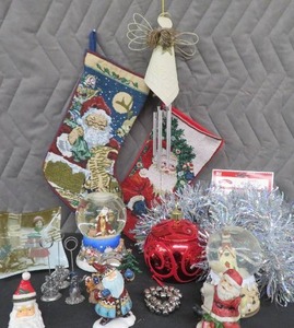 TAPESTRY STOCKINGS, VINTAGE SNOW GLOBES, SANTAS.