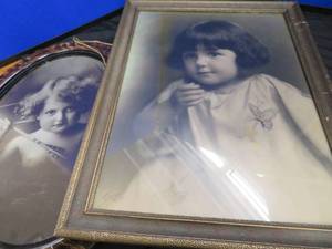 ANTIQUE TIGER WOOD FRAME WITH 1897 CUPID AWAKE  LARGE VINTAGE FRAME WITH LITTLE GIRL