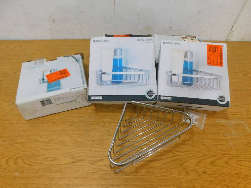 lot 76 image: (5) Better Living Bath Boutique Corner Shower Basket in Chrome