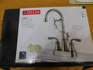 lot 43 image: Delta Lorain Stainless 2-Handle Deck-Mount Bar and Prep Handle Kitchen Faucet