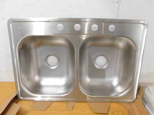 lot 97 image: Kingsford Drop-In 33-in x 22-in Satin Double Equal Bowl 4-Hole Kitchen Sink