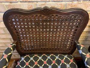 2 Wood and Upholstered Chairs with Cane Back and Arm Rests