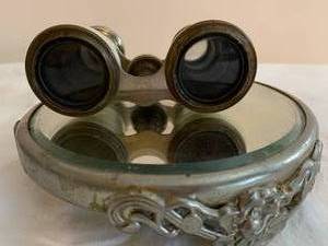 Beveled mirror display stand, opera glasses