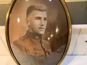 Framed Soldier Photograph, Curved glass frame with Eagle