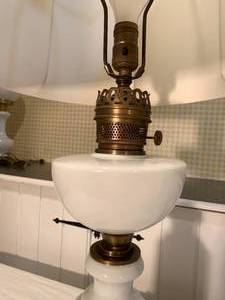 Large Vintage White Glass and Brass Lamps