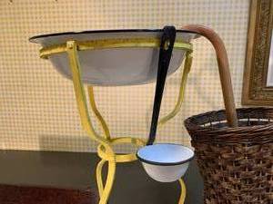Fruit Catcher Basket, Mirror, Washstand with Enamel Pan and Ladle