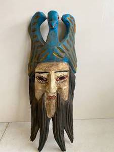Carved Wood Mask - Man with Bird