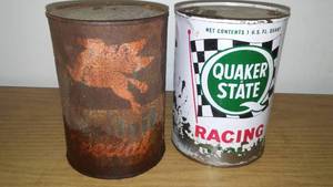 lot 108 image: Quaker state and mobile quart oil cans- empty.