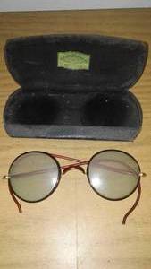 lot 247 image: Antique wire rim glasses and case. Copper color
