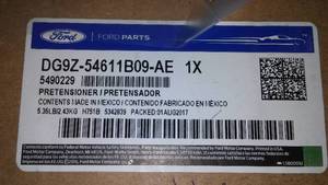 lot 492 image: Ford DG9Z-54611B09-AE Pretensioner - Seat Belt Retractor