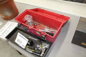 lot 403 image: Plastic Tool Box  with Tool Tray, Wrenches, Misc. Hand Tools