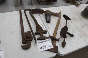 lot 431 image: Lot of (6) Hand Tools  - Pipe Wrenches, Pry Bar, Axe Head, Axe with Handle, Hand Drill