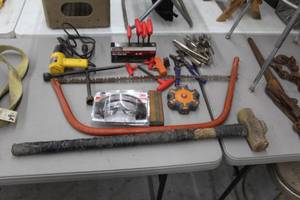lot 459 image: Hand Tools and Shop Tools  with Sledgehammer, Tree Saw, Heat Gun, Spring Clamps, Goggles, Hex Wrenches, Power Plug, Tire Iron
