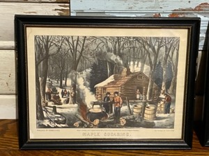 lot 23 image: Vintage Pair of Framed Currier and Ives Prints. Maple Sugaring and A Home in the Wilderness
