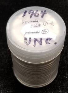 lot 83 image: UNC ROLL OF 1964 KENNEDY SILVER HALF DOLLARS 20 COINS