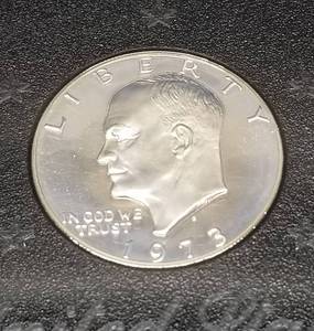 lot 10-A image: 1973-S PROOF EISENHOWER 40% SILVER DOLLAR IN ORIGINAL BROWN BOX