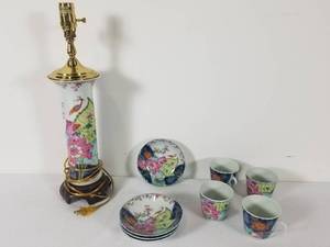 Vintage Mottahedeh Teacups, Saucers, and Lamp