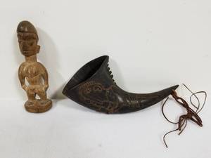 Carved Wooden Figure and Carved Horn