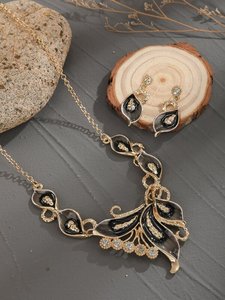 EMERY ROSE Rhinestone Leaf Decor Necklace & Drop Earrings