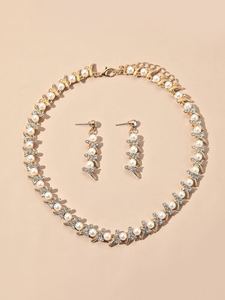 1pair Rhinestone & Faux Pearl Decor Earrings & 1pc Necklace
