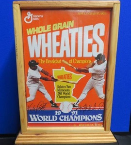 lot 34 image: AUTOGRAPHED 1991 UNOPENED WHEATIES BOX  IN BEAUTIFUL DISPLAY CASE