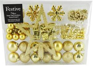 lot 39 image: Festive 74 Piece Assorted Christmas Ornament Set, Gold