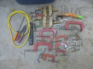 lot 41 image: Blue Tote of Tools Clamps, Screw driver