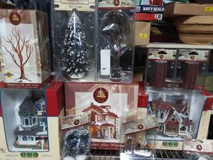 3-Porcelain Lighted Houses With 9 Accessories