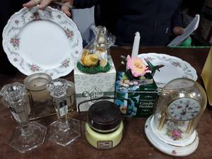 6-Royal Albert China Plates, Anniversary Clock, Mikasa & Other Candle Holders