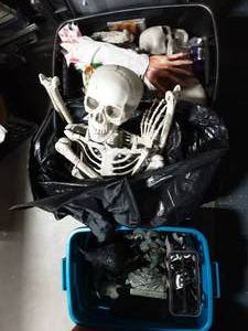 2-Bins With Lids (Contents-Halloween Decor), 1-Bag With Large Full Size Skeleton.