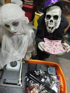 Bride & Groom Ghouls 40 Tall, Fog Machine & 2-Large Bins Of Assorted Halloween Decor