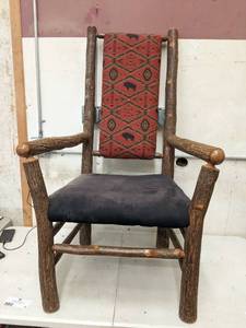 lot 19 image: Beautiful Rustic Marshfield Furniture Co. Upholstered Hickory Log Chair- 17 x 20 x 48 (Valued $675)