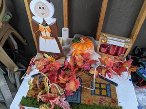 lot 568 image: Fall Decor Pumpkin, Candle, Pilgrim, and More