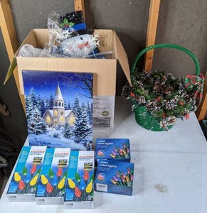 lot 572 image: Christmas Decor Lot Christmas Lights, Basket, and More