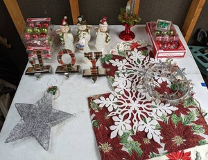 lot 548 image: Christmas Decor Lot JOY Stocking Holders, Ornaments, Table Settings, & More