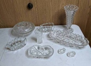 lot 488 image: Collection of 10 Cut Glass Pieces Vases, Bon Bon Dish, Relish and Oval Dishes, Covered Bowl, Ash Tray and More