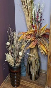 lot 25 image: Lot of 2 Large Vases with Dried Floral Arrangements and One Pedestal