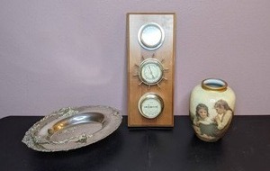 lot 482 image: Group of 3 Decor Items Traditional Weather Station Wall Hanging, Decorative Vase & Silver Footed Platter