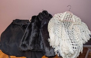 lot 237 image: Vintage Shawl, Faux Fur Collar Wrap, and Faux Fur Vest
