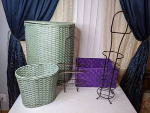 lot 239 image: Woven Hamper and Basket Set, Metal Toilet Paper Stand, and More
