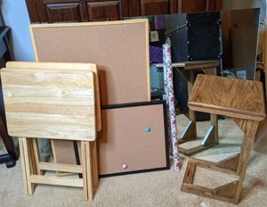 lot 221 image: TV Trays, Couch Table, Mirrors, Bulletin Boards, and Wrapping Paper