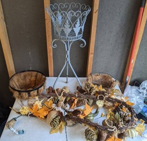 lot 216 image: Fall Decor, Plant Stand, and Hanging Baskets