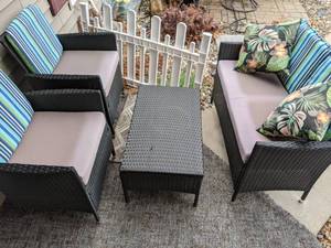 lot 27 image: Outdoor Patio Furniture Loveseat, Two Chairs, Coffee TableBench & Throw Pillows