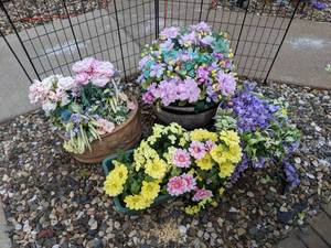 lot 36 image: Lot of Four Outdoor Planters with Artificial Floral Arrangements