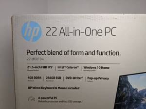 lot 1 image: Brand New HP 22AIO Celeron Blue 4GB 256GB All in One Desktop Computer