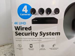 lot 9 image: Brand New Night Owl Bluetooth 4 Channel 4K Wired DVR 4 Wired Light Cameras & 1TB HDD