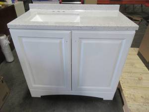 lot 310 image: 36 in. W x 19 in. D Bathroom Vanity in White With Vanity Top in Silver Ash with White Sink. - Crack on Back Top Brace.
